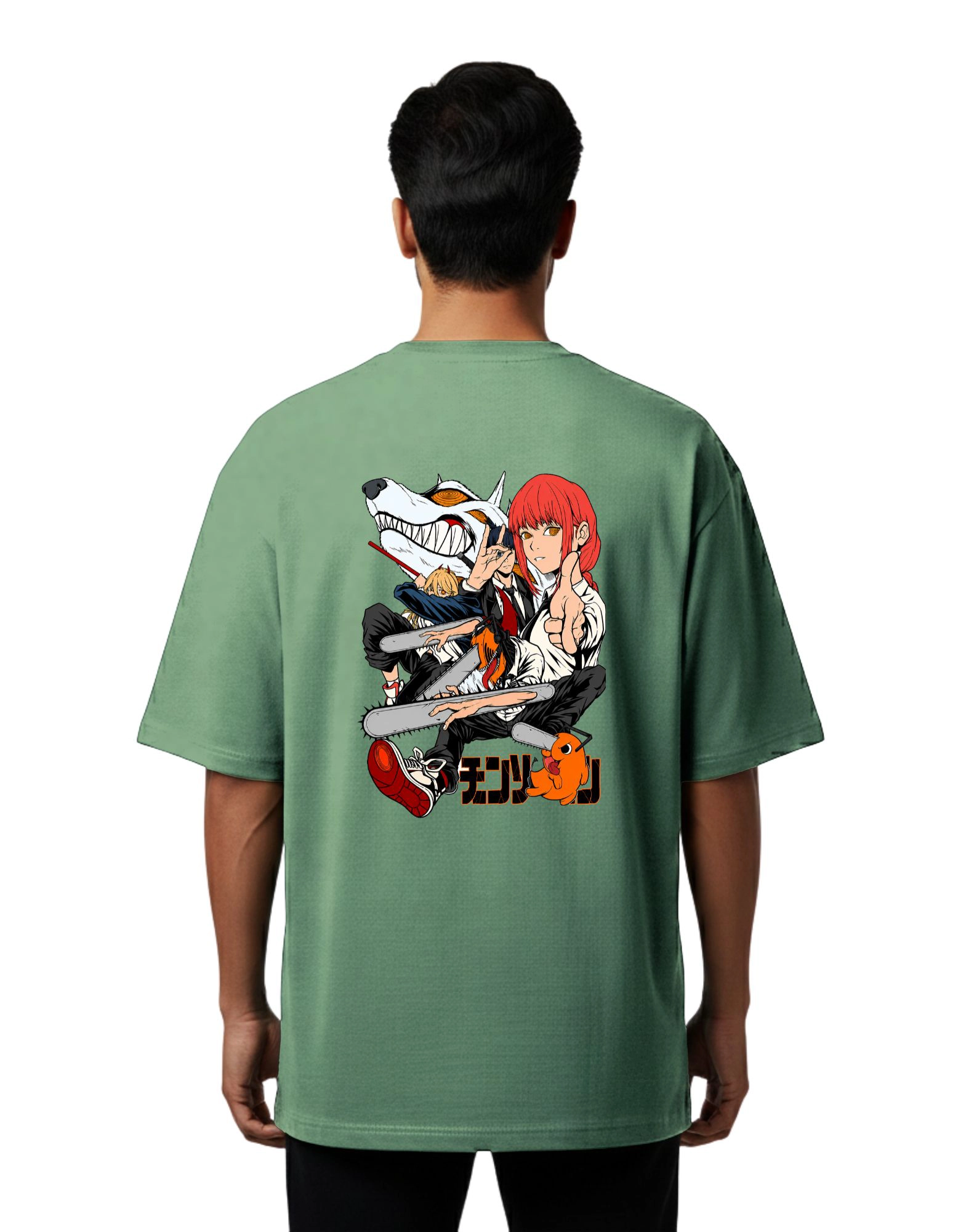 Chainsaw Anime Oversize Cotton French Terry T-Shirt 240 GSM D Green