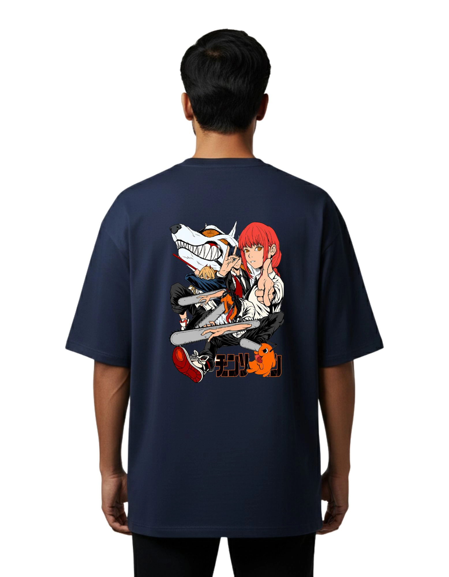 Chainsaw Anime Oversize Cotton French Terry T-Shirt 240 GSM Navy Blue