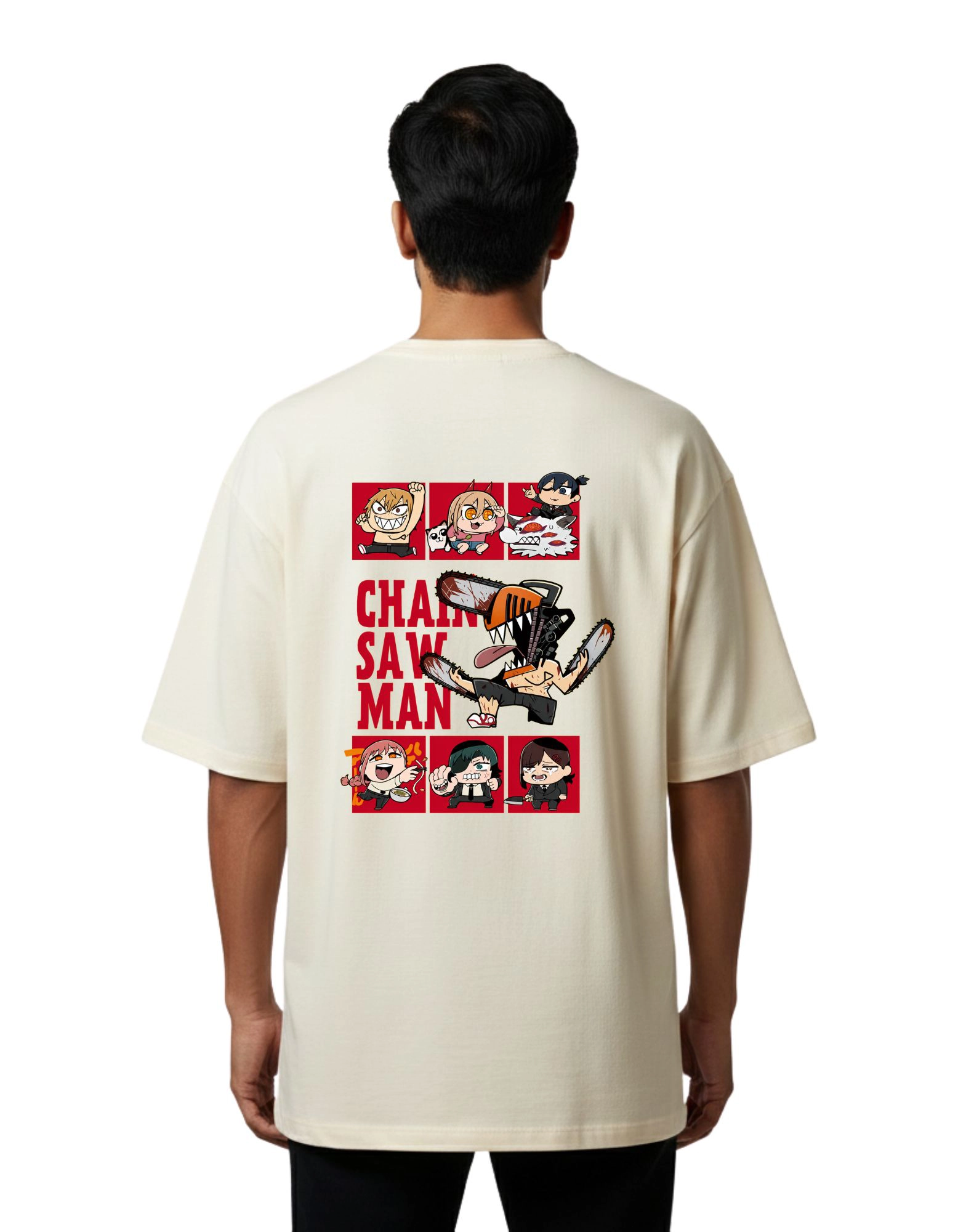 Chainsaw Chibi Anime Oversize Cotton French Terry T-Shirt 240 GSM Beige