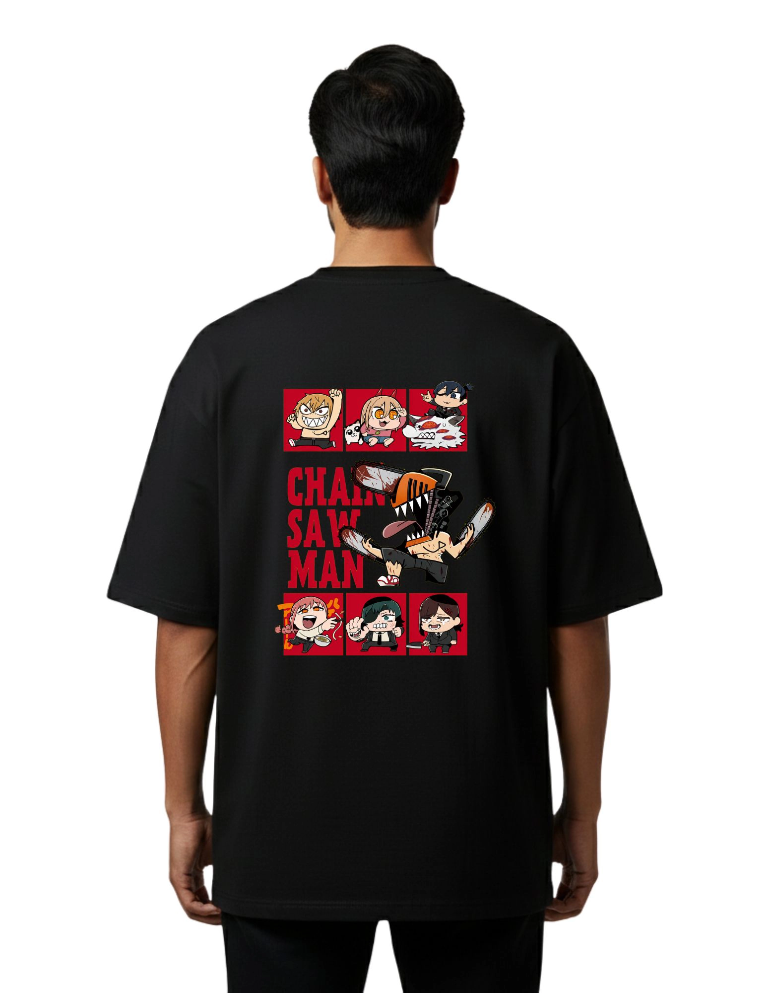 Chainsaw Chibi Anime Oversize Cotton French Terry T-Shirt 240 GSM Black