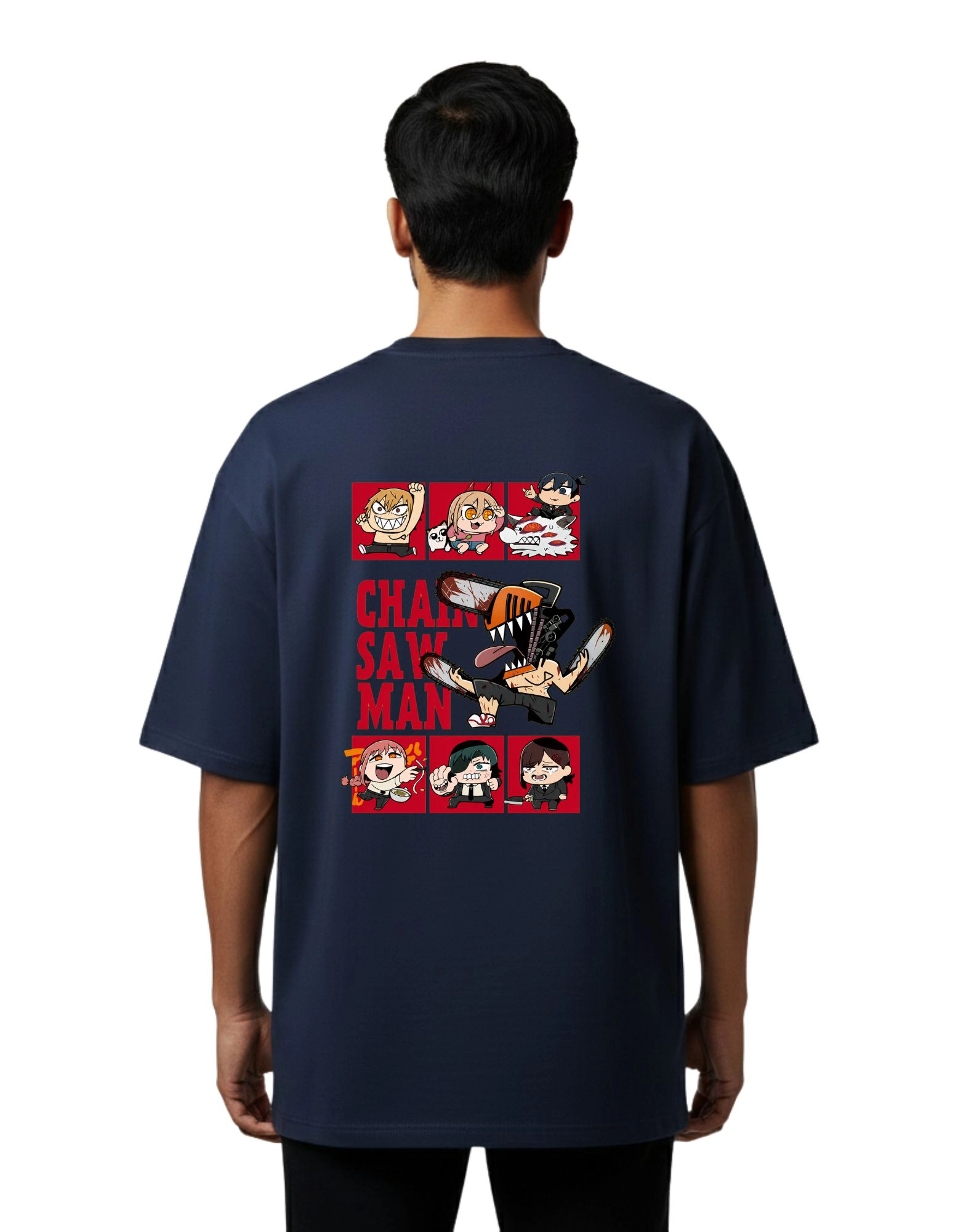 Chainsaw Chibi Anime Oversize Cotton French Terry T-Shirt 240 GSM Navy Blue