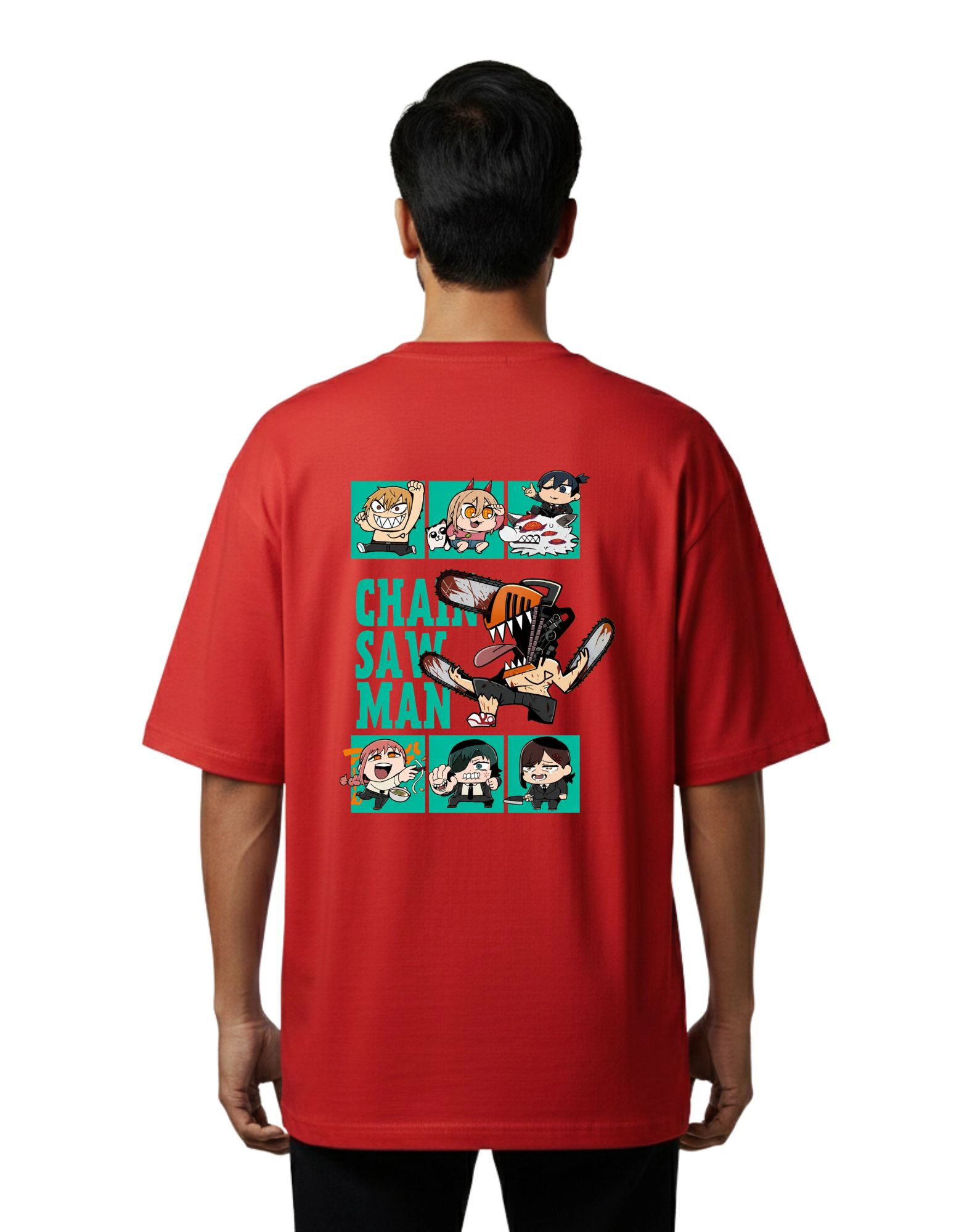 Chainsaw Chibi Anime Oversize Cotton French Terry T-Shirt 240 GSM Red