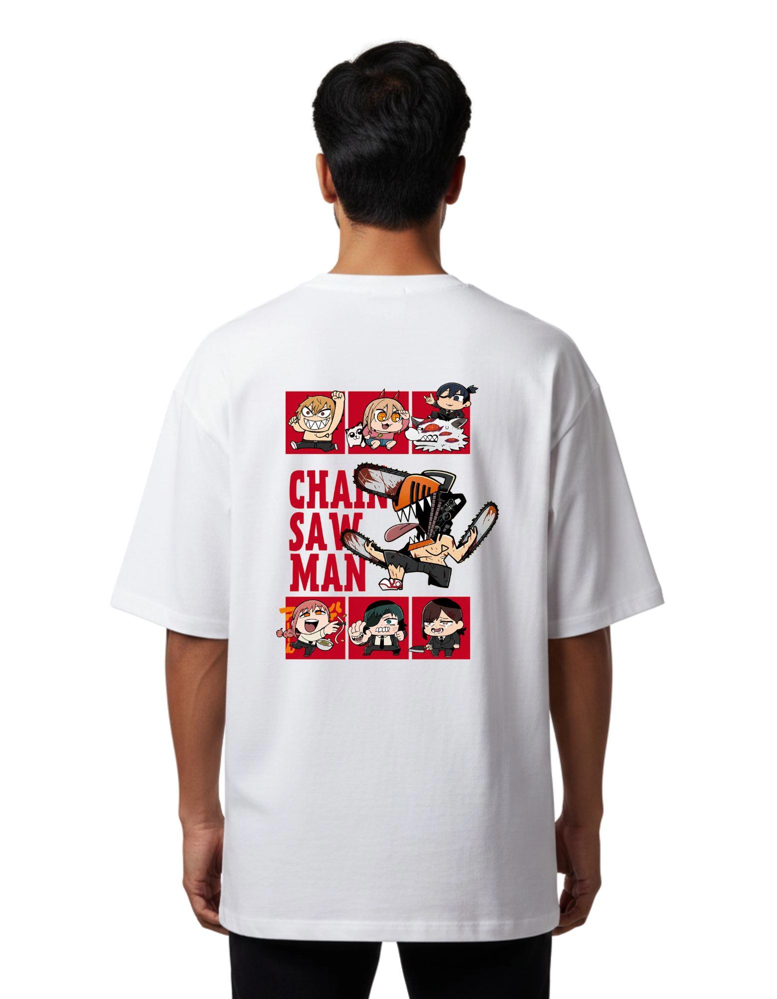 Chainsaw Chibi Anime Oversize Cotton French Terry T-Shirt 240 GSM White