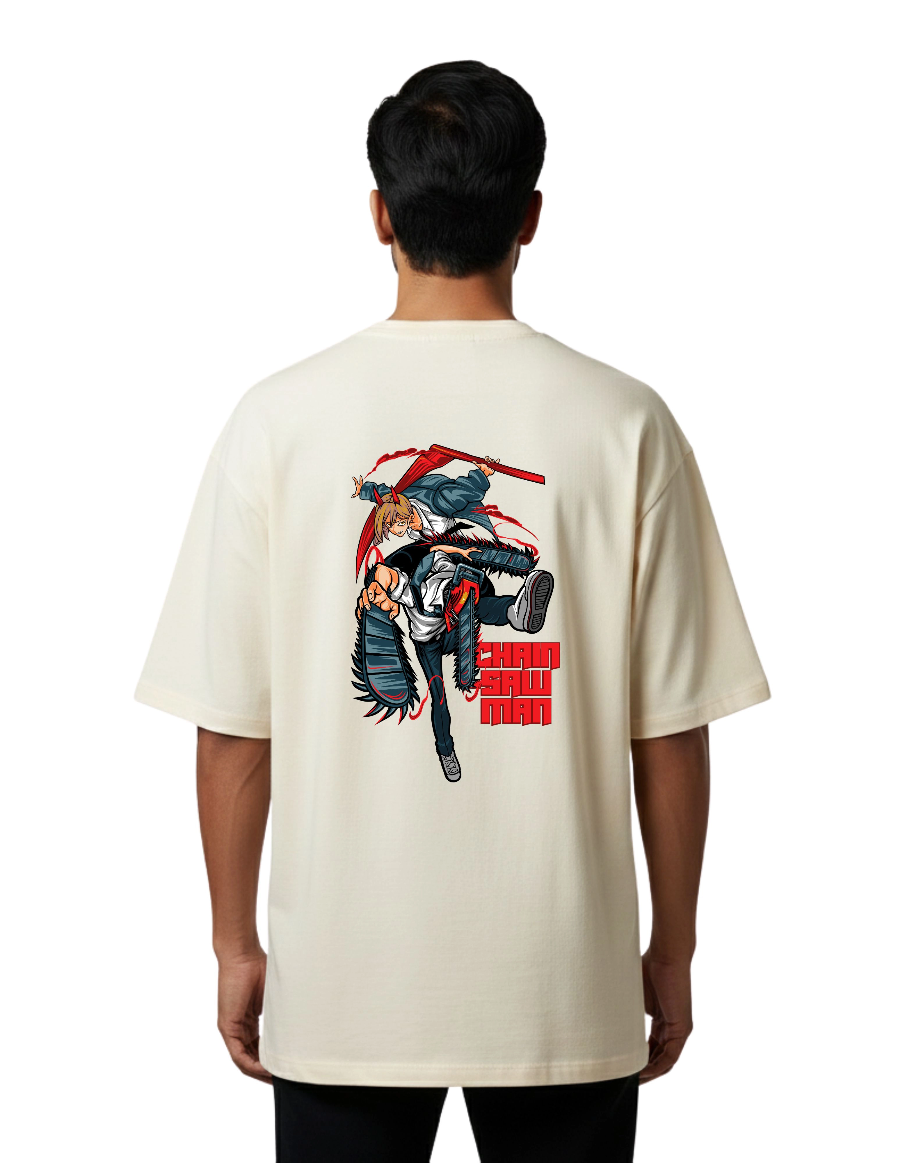 Chainsaw Man Oversized Cotton French Terry T-Shirt 240 GSM Beige