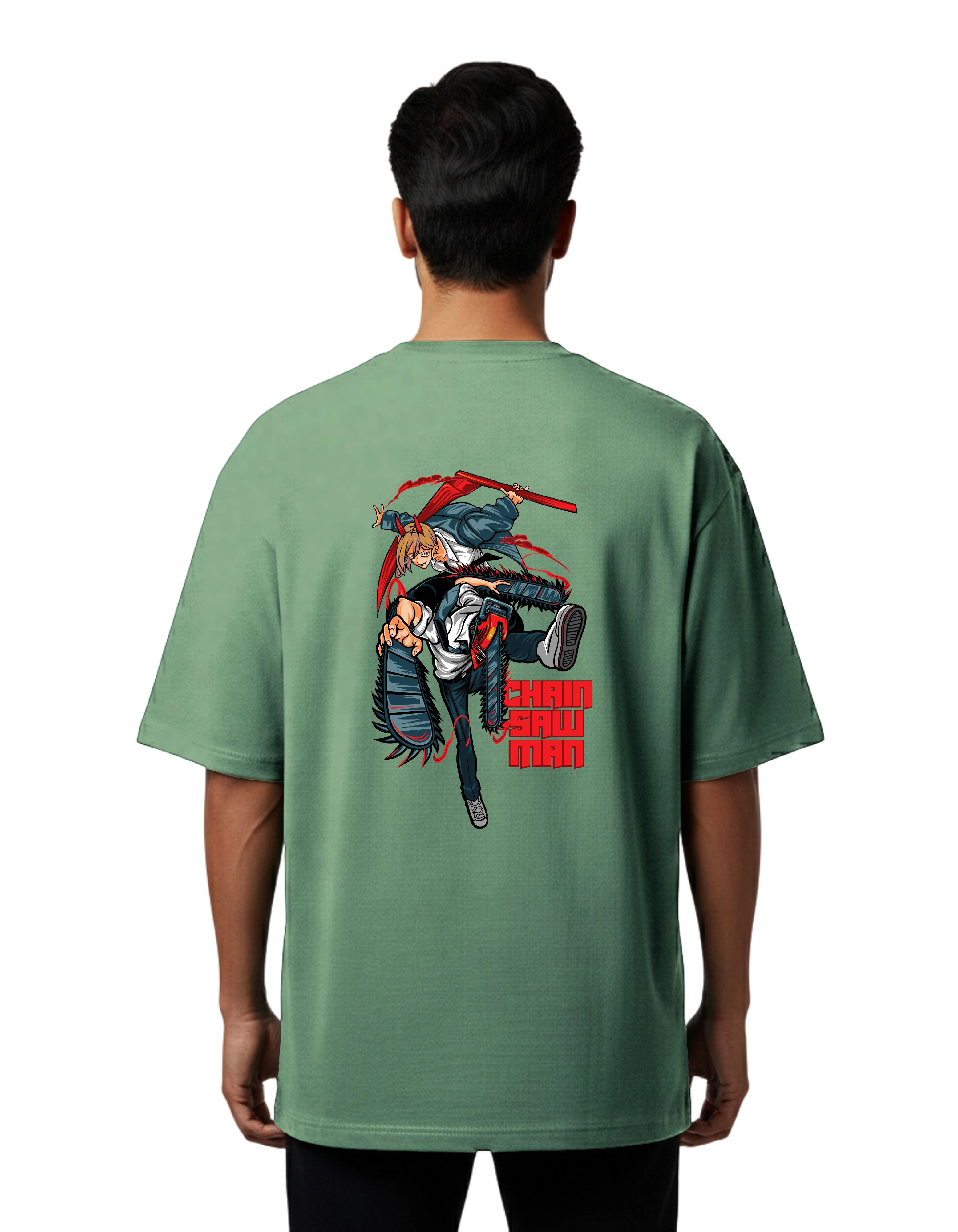 Chainsaw Man Oversized Cotton French Terry T-Shirt 240 GSM D Green