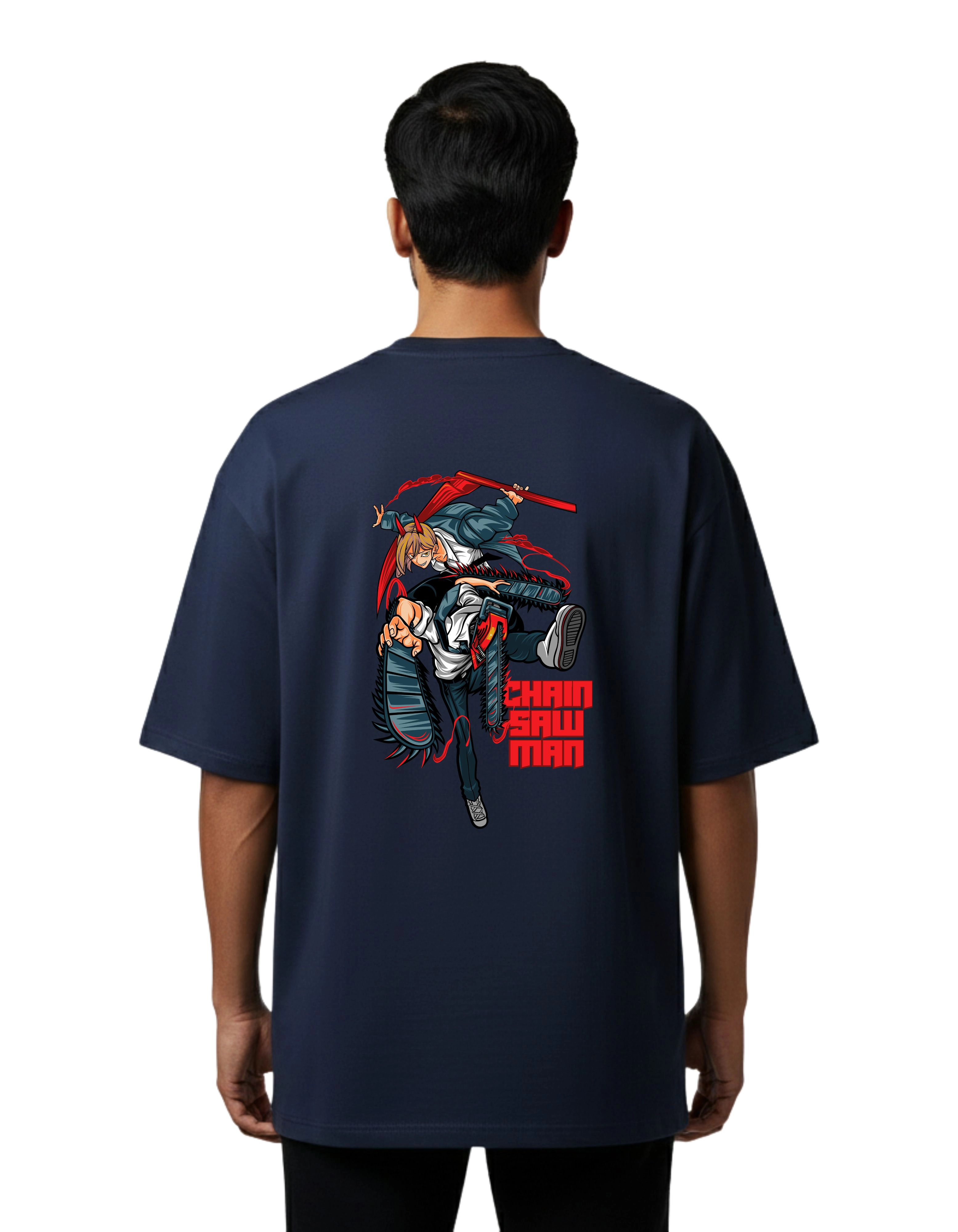 Chainsaw Man Oversized Cotton French Terry T-Shirt 240 GSM Navy Blue