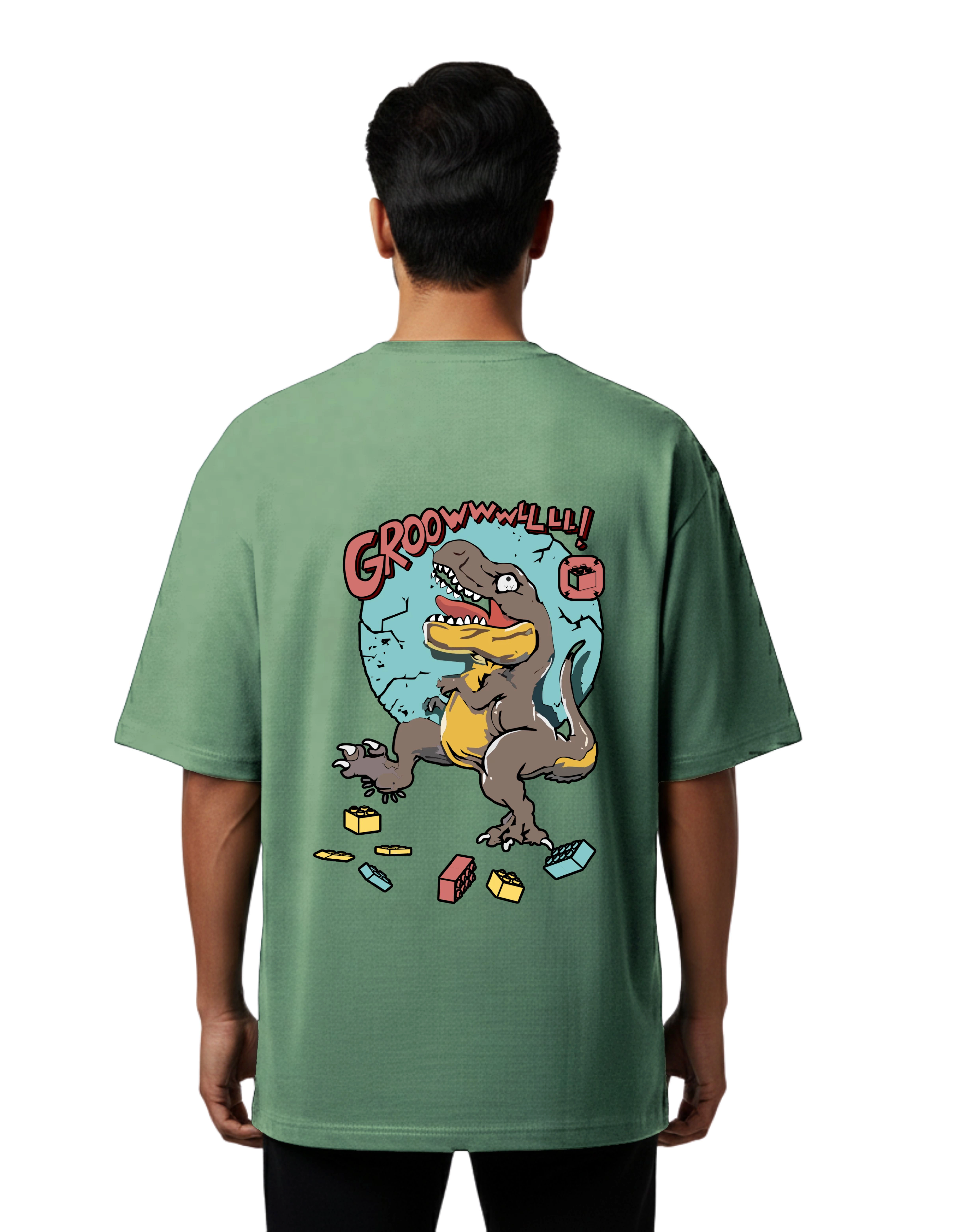 Chaos Dinosaur Graphic Oversized Cotton French Terry T-Shirt 240 GSM D Green