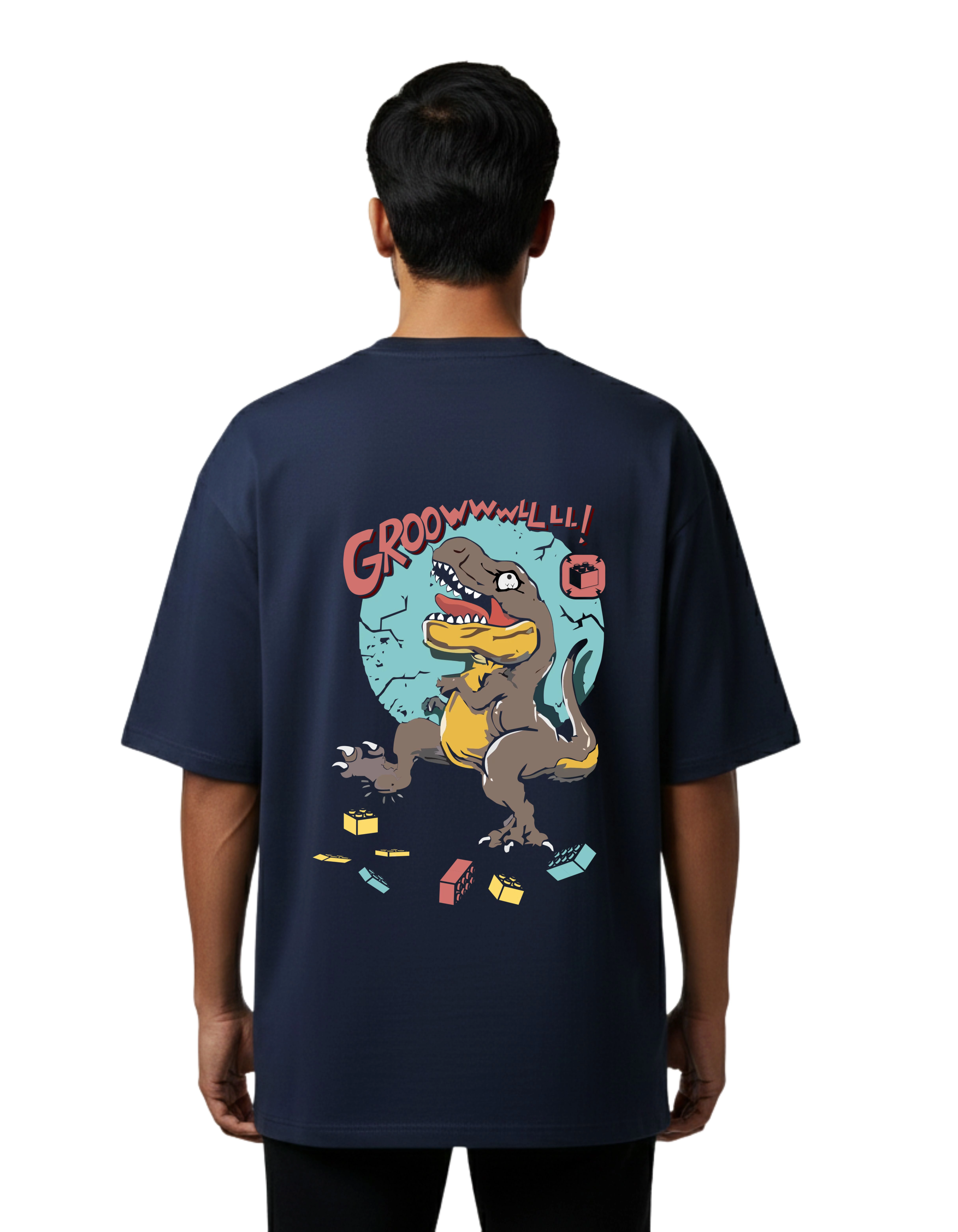 Chaos Dinosaur Graphic Oversized Cotton French Terry T-Shirt 240 GSM Navy Blue