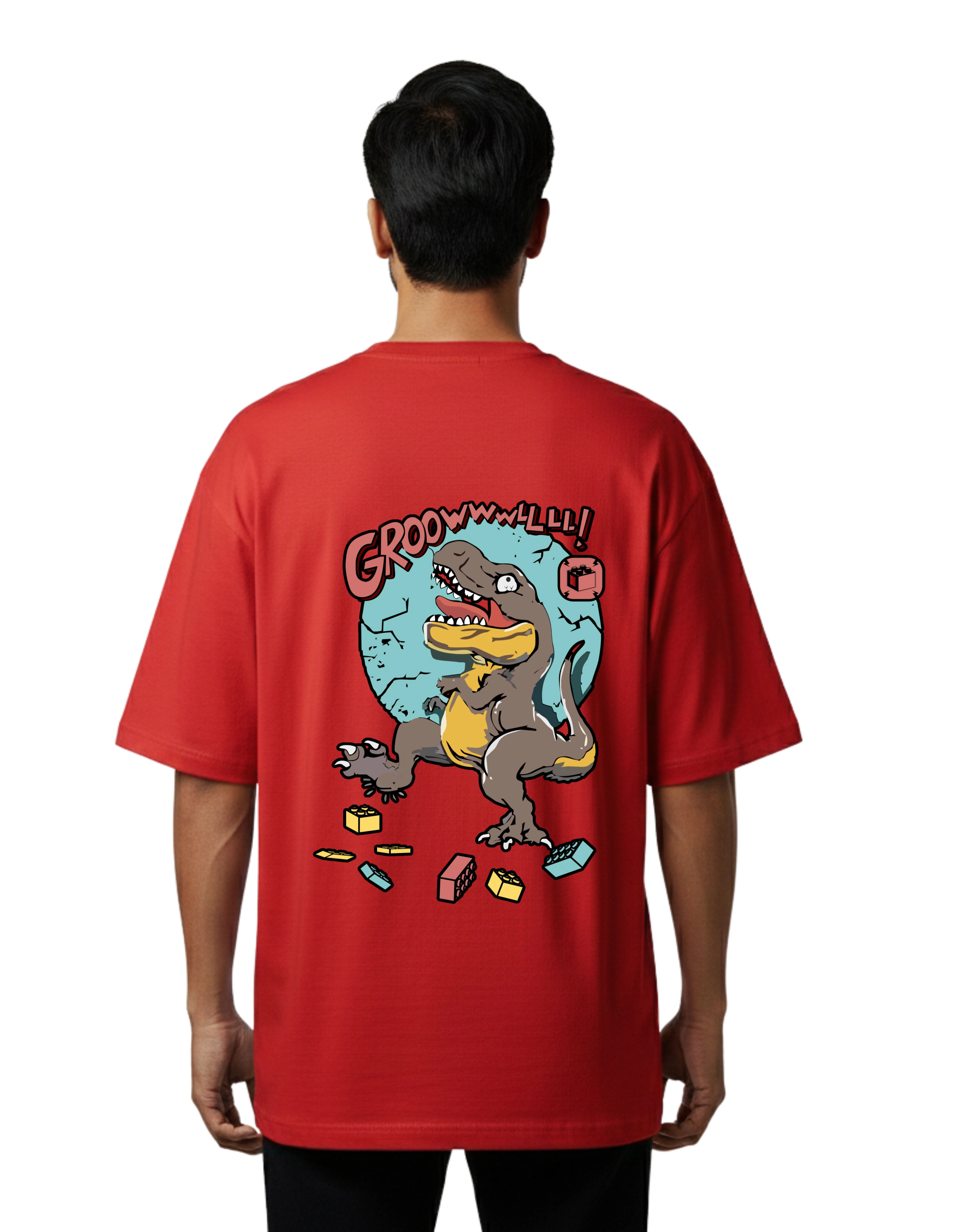 Chaos Dinosaur Graphic Oversized Cotton French Terry T-Shirt 240 GSM Red