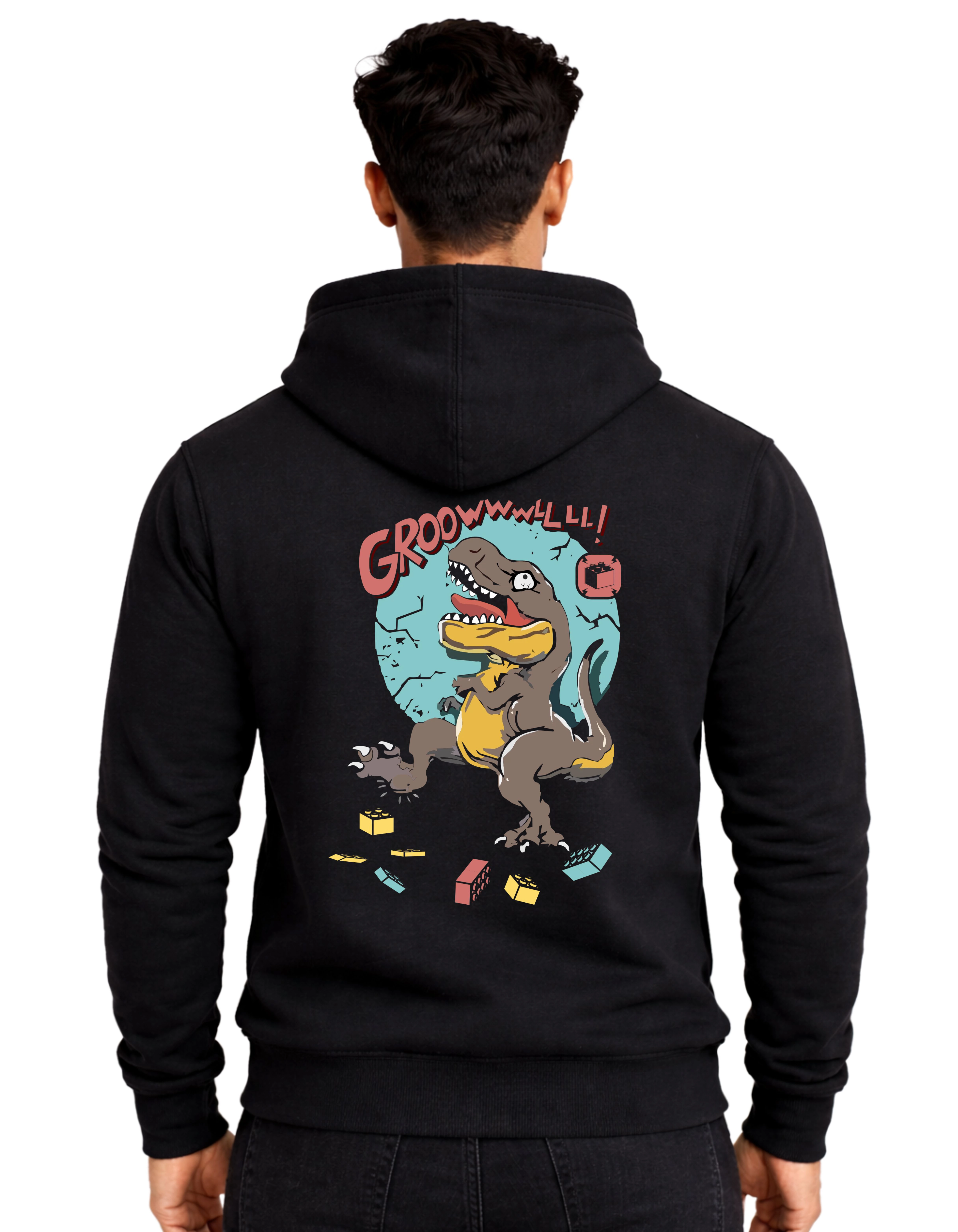 Chaos Dinosaur Graphic Polycotton Hoodie Without Zipper 300 GSM Black