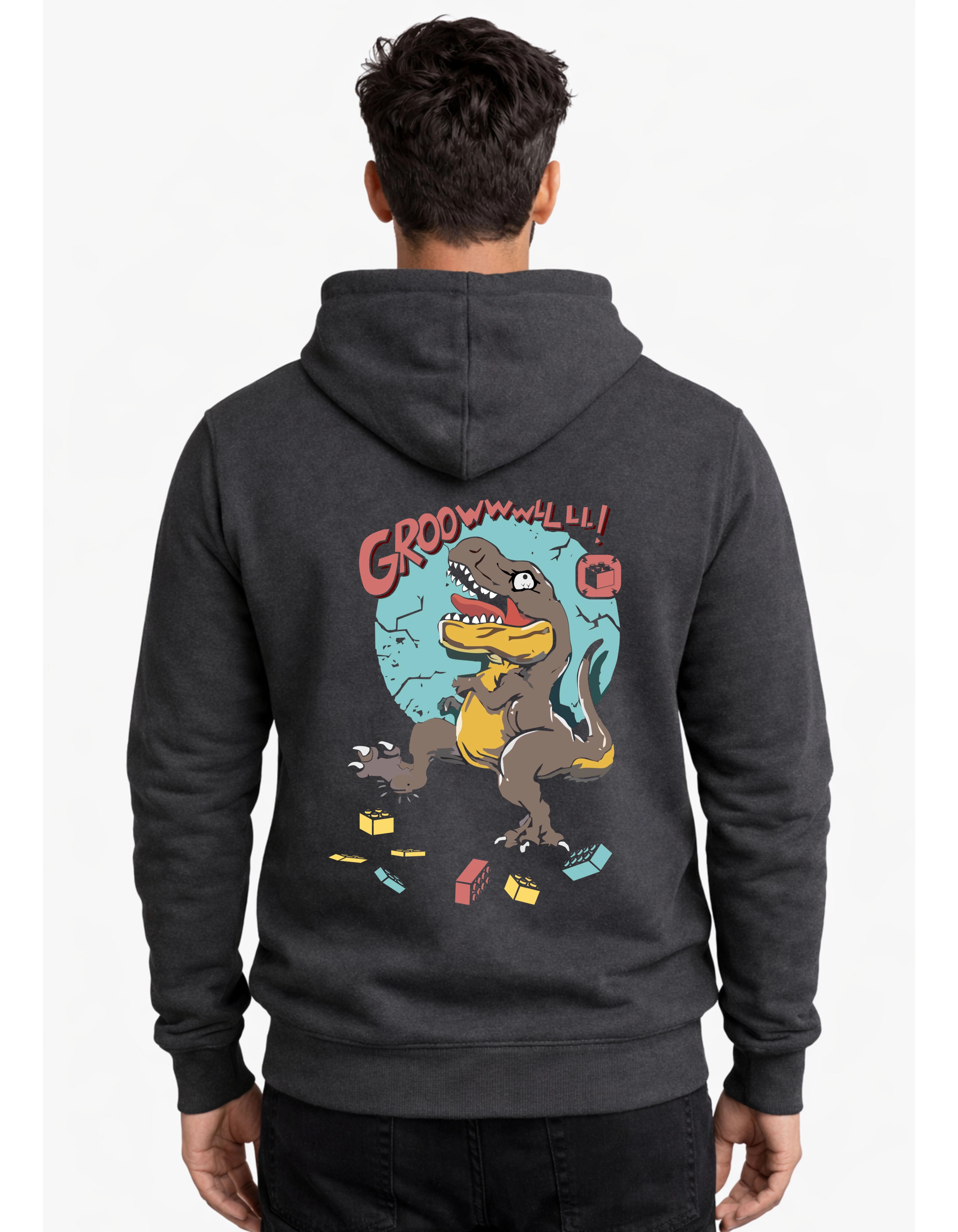 Chaos Dinosaur Graphic Polycotton Hoodie Without Zipper 300 GSM Charcoal