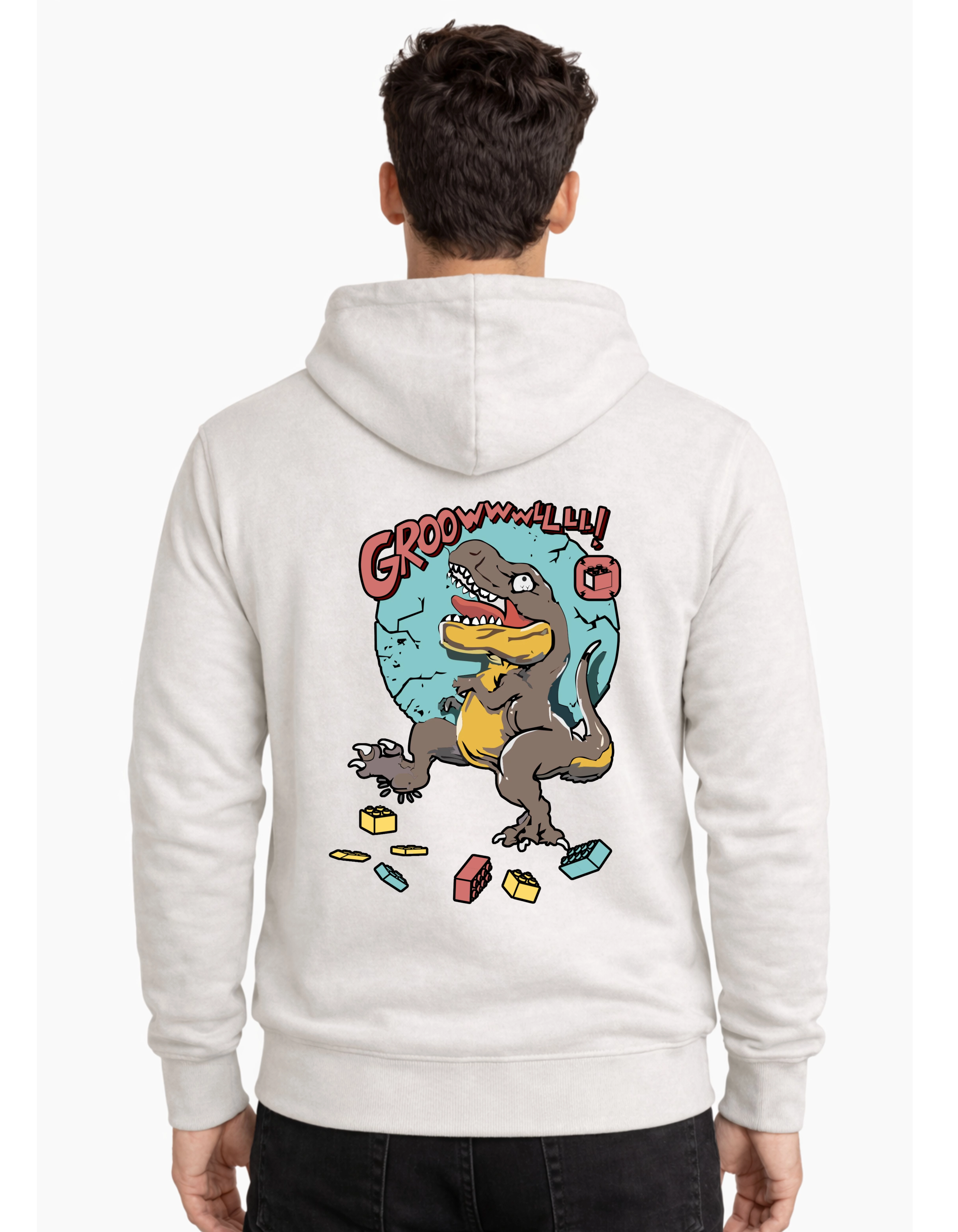 Chaos Dinosaur Graphic Polycotton Hoodie Without Zipper 300 GSM Half White