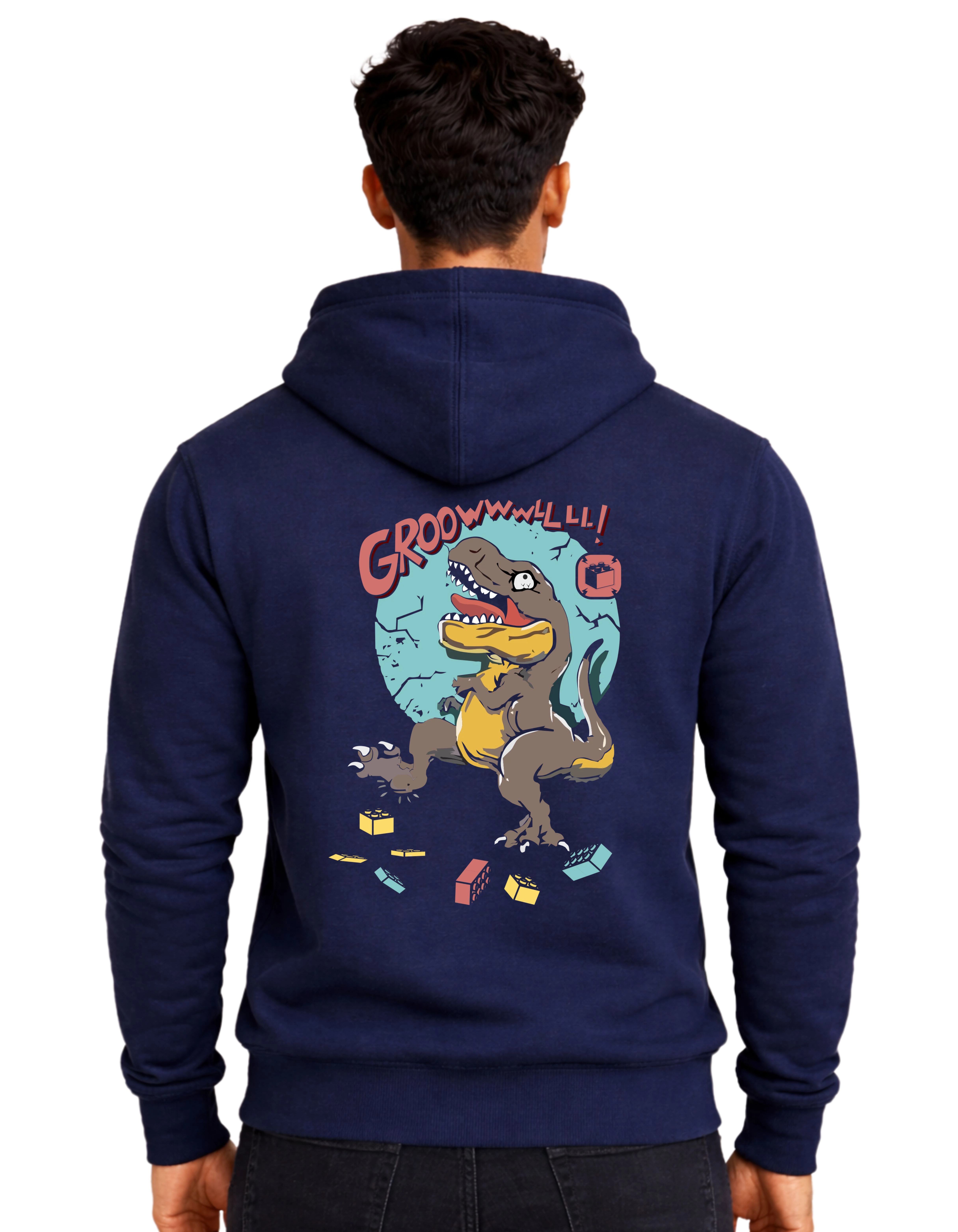 Chaos Dinosaur Graphic Polycotton Hoodie Without Zipper 300 GSM Navy Blue