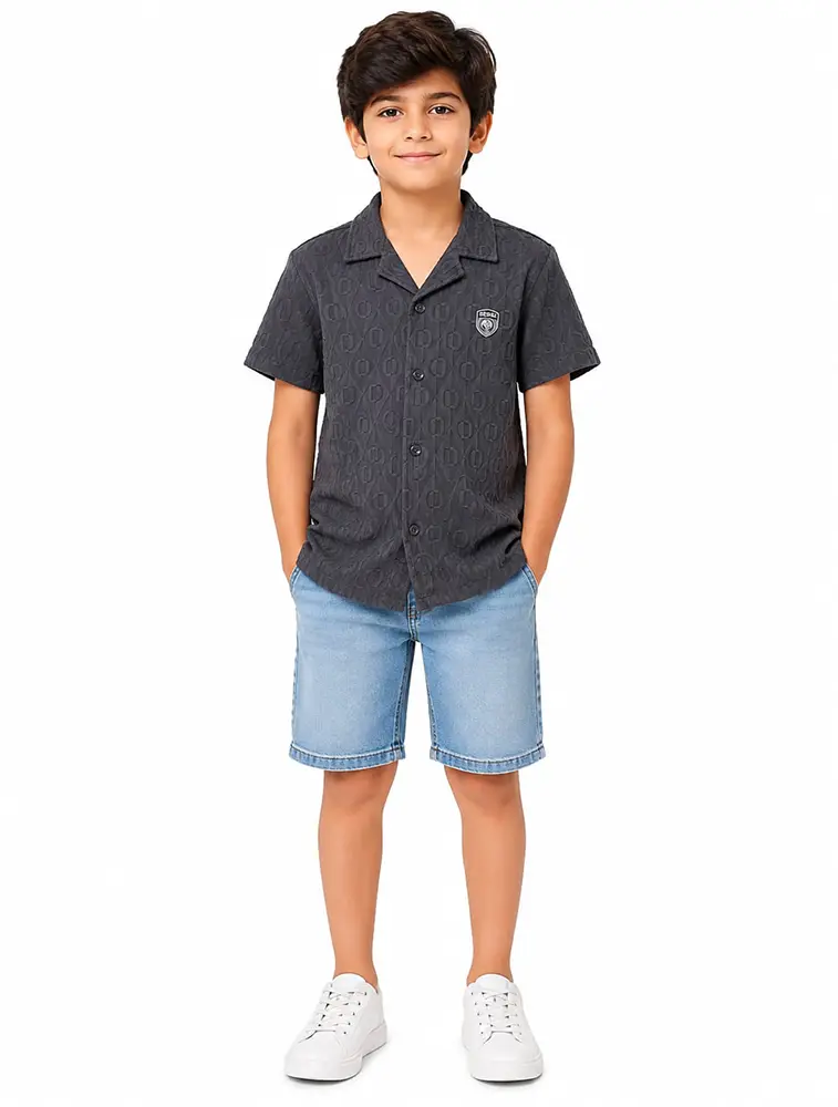 Charcoal Grey  Boys Premium Crestline Textured Collared Shirt