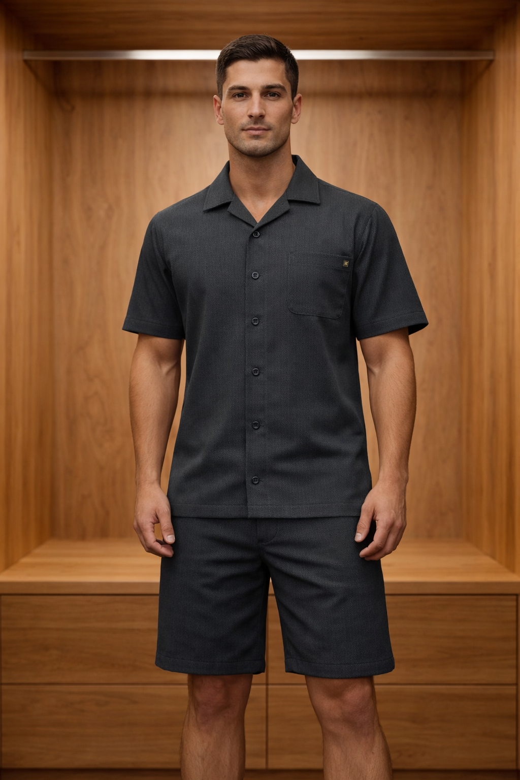 Charcoal Grey Herringbone PC Lycra Shirt and Shorts Co-ord Set