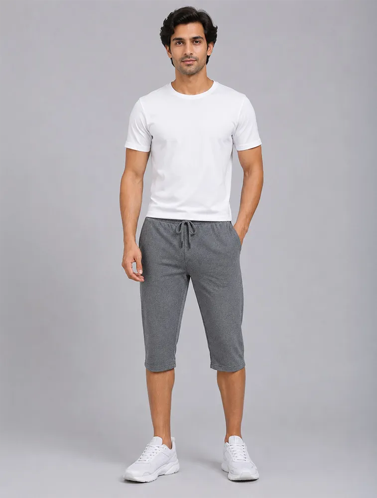 Charcoal Grey Men Cotton 34 Shorts With Drawstring