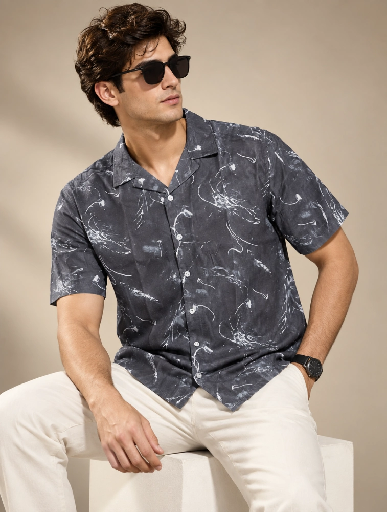 Charcoal Grey Mens 100 percent cotton half sleeve printed shirt