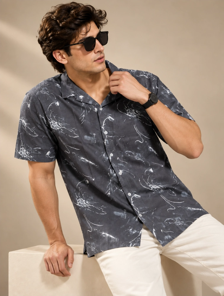 Charcoal Grey Mens 100 percent cotton half sleeve printed shirt