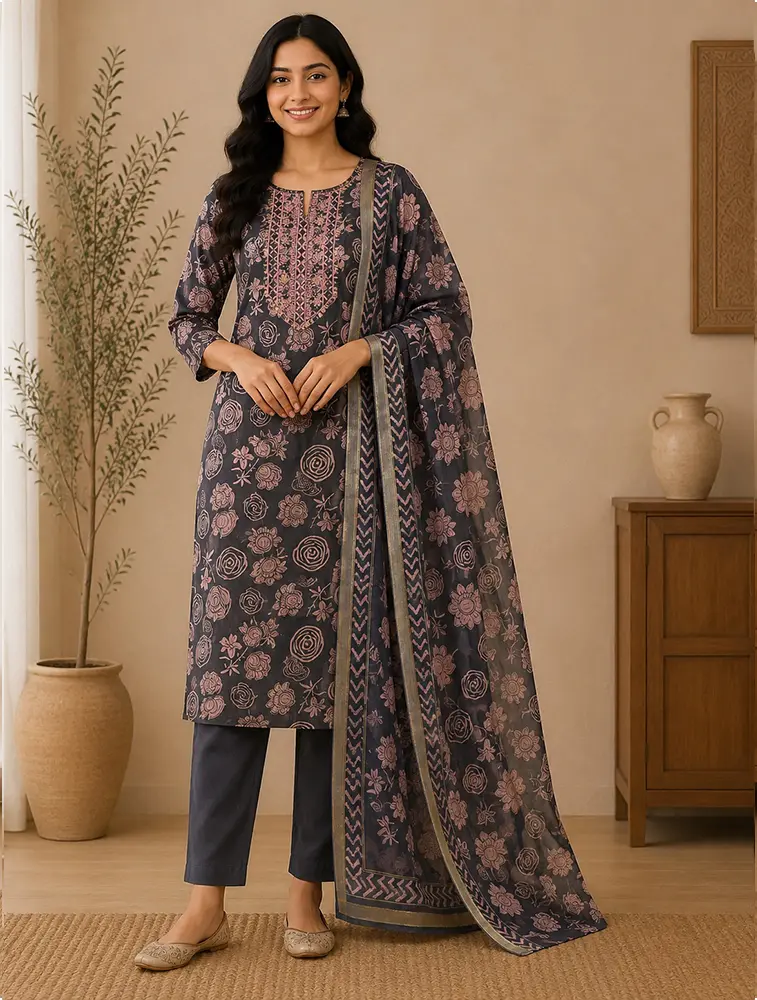 Charcoal Grey Womens Floral Printed Rayon Fabric Kurtha Set With Dupatta 
