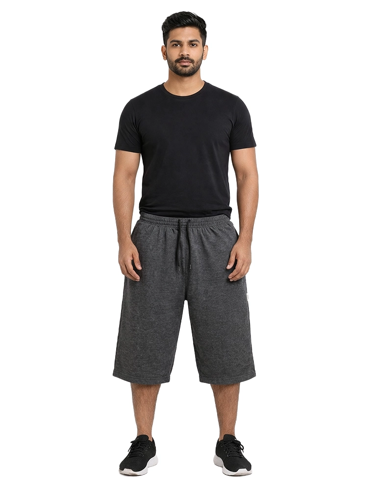 Charcoal Melange Men Cotton 3/4 Shorts With Drawstring 