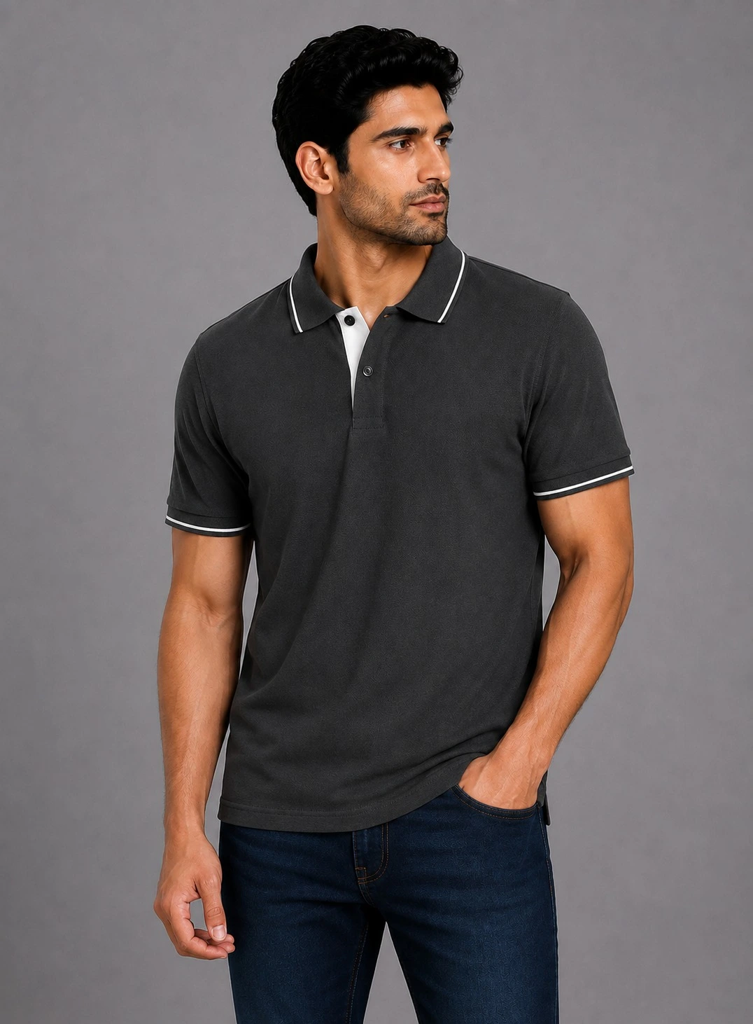 Charcoal Mens Premium Cotton 270 GSM Half Sleeve Polo T Shirt With White Collar And Sleeve Tipping
