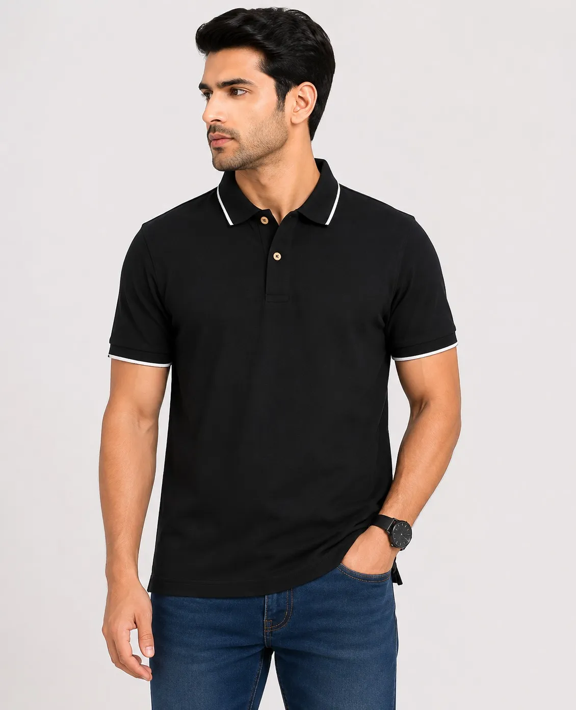 Charcoal Mens Premium Eco Blend 240 GSM Pole T Shirt With White Jacquard Collor With Contrast Tipping