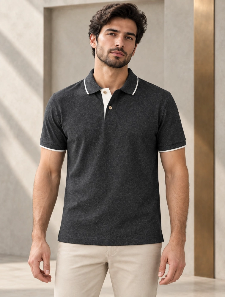 Charcoal Mens Premium Eco Blend 240 GSM Pole T Shirt With White Jacquard Collor With Contrast Tipping