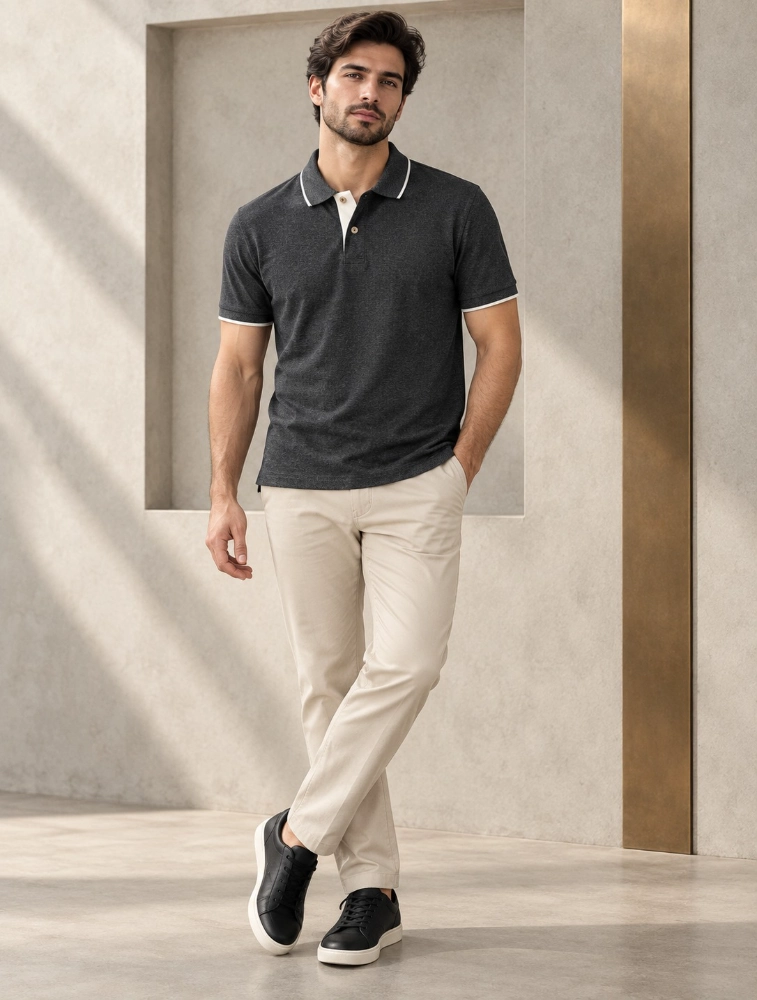 Charcoal Mens Premium Eco Blend 240 GSM Pole T Shirt With White Jacquard Collor With Contrast Tipping