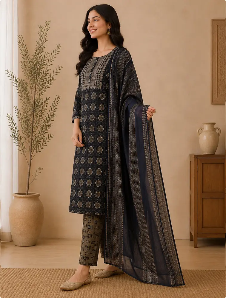 Cherry Blue Womens Floral Printed Rayon Fabric Kurtha Set With Dupatta — bulk from ₹1333