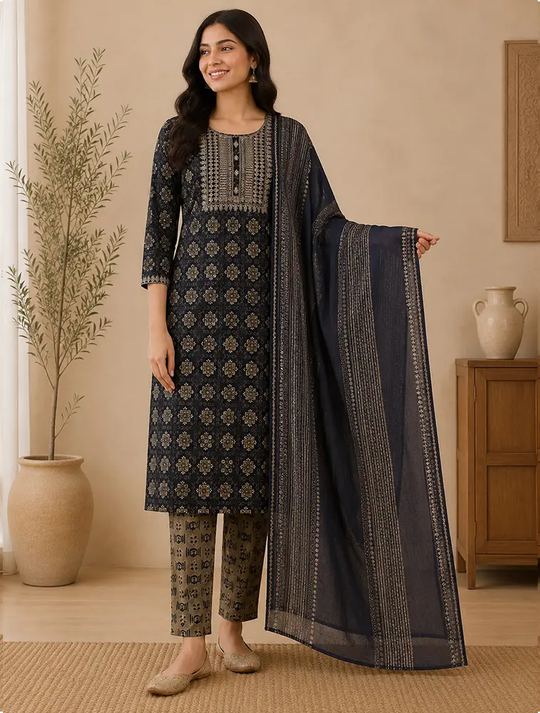 Cherry Blue Womens Floral Printed Rayon Fabric Kurtha Set With Dupatta 