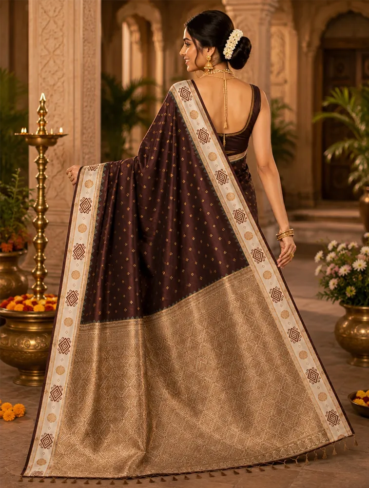 Chocolate Brown Womens Premium Semi Gadwal Saree with Turning Border