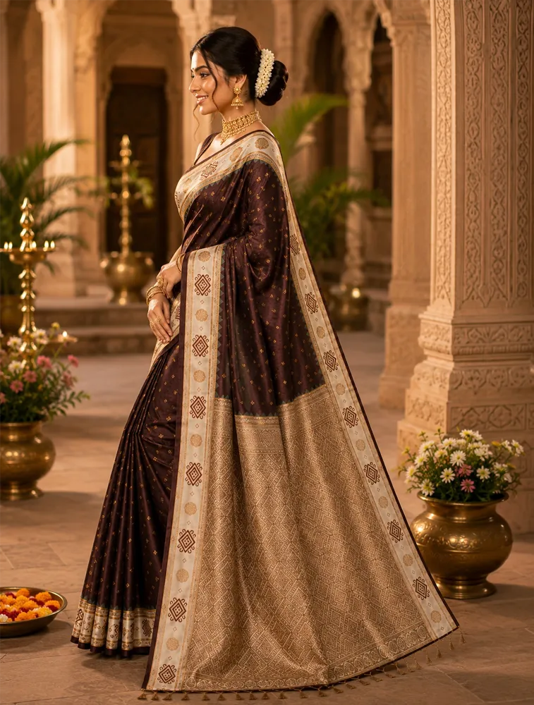 Chocolate Brown Womens Premium Semi Gadwal Saree with Turning Border