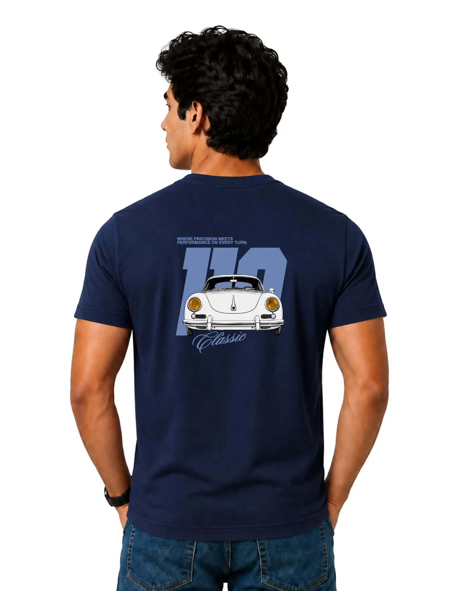 Classic Vintage Car Cotton Round Neck T-Shirt 180 GSM Navy Blue