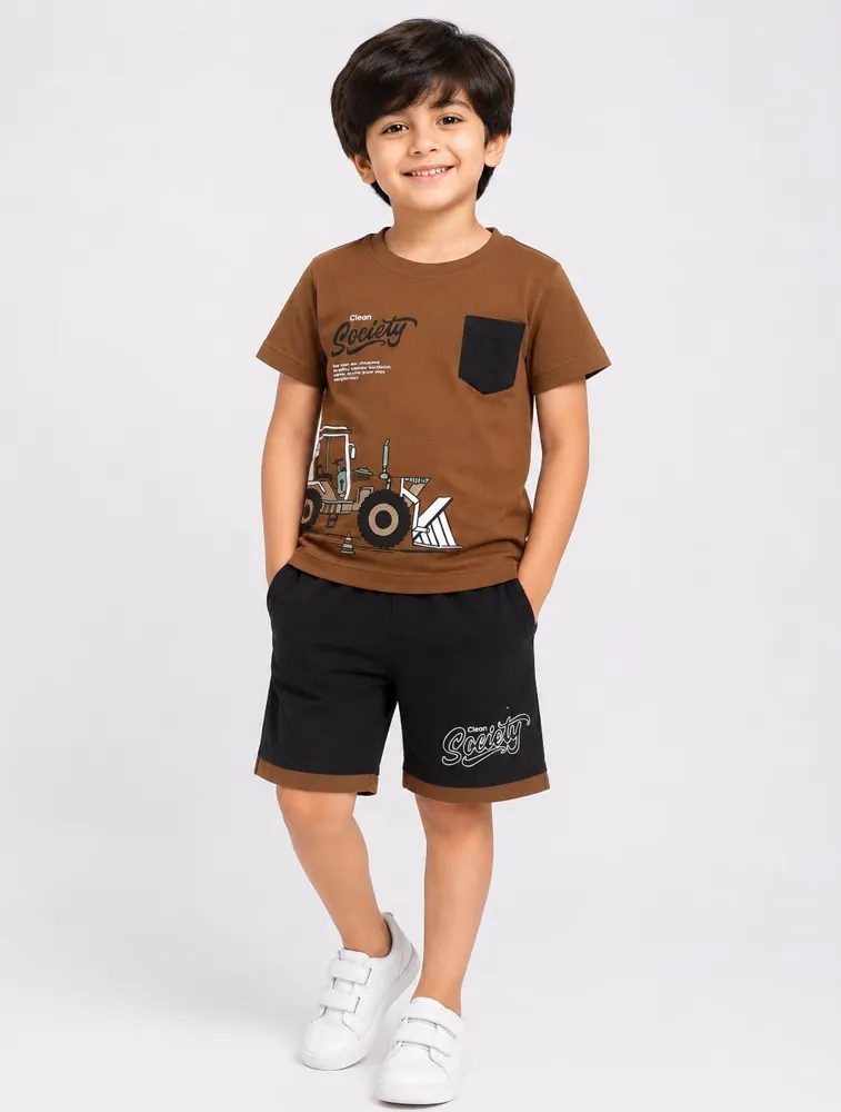 Coffee Brown Kids Printed T shirt With Shorts Set