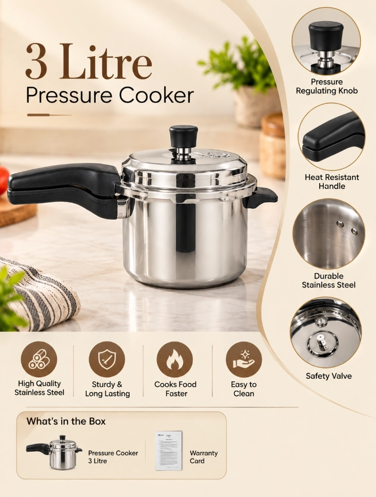 Cook Ease 3L Tri Ply Pressure Cooker