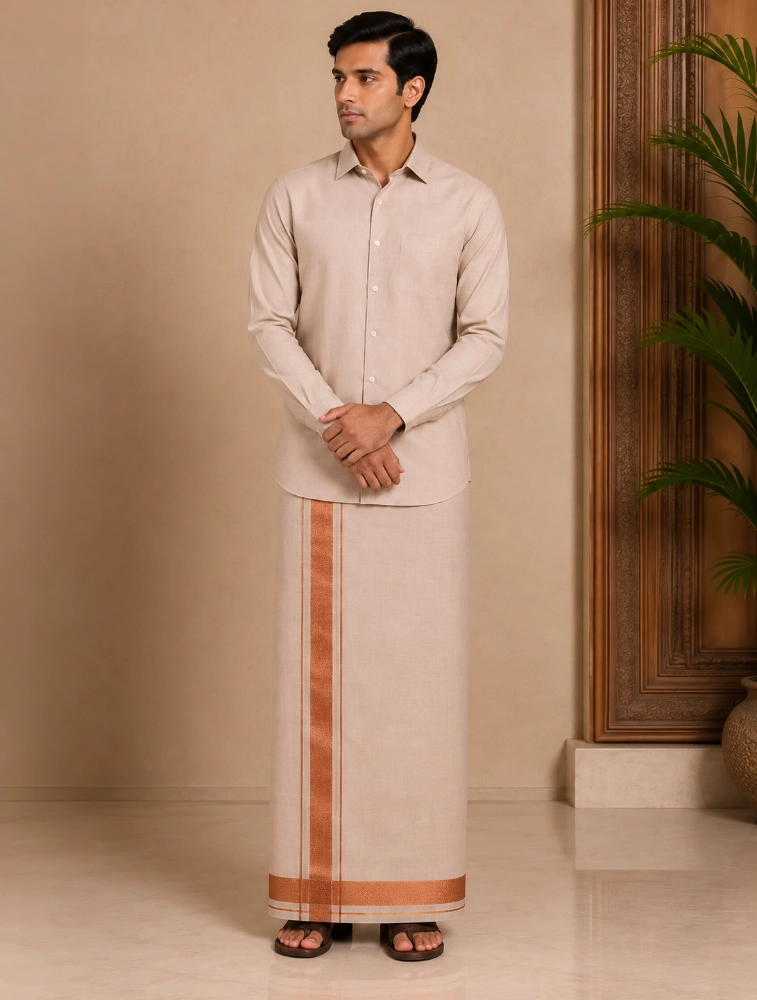 Copper Gold Mens Premium Plain Tissue Silk Shirt and Dhoti Set