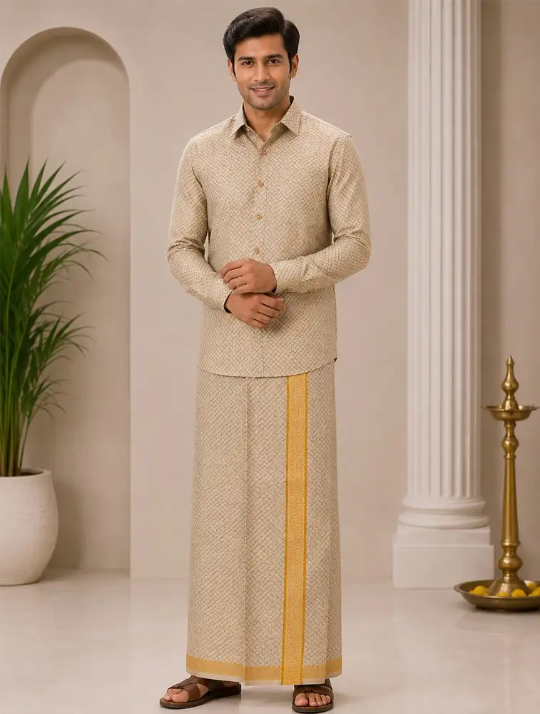 Copper Gold Mens Premium Tissue Embossed Gold Shirt and Dhoti Set