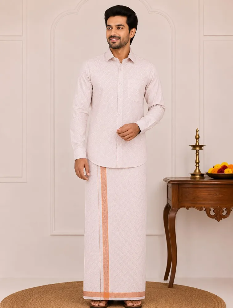 Copper Gold Mens Tissue Embossed Copper Shirt and Dhoti Set — bulk from ₹1113