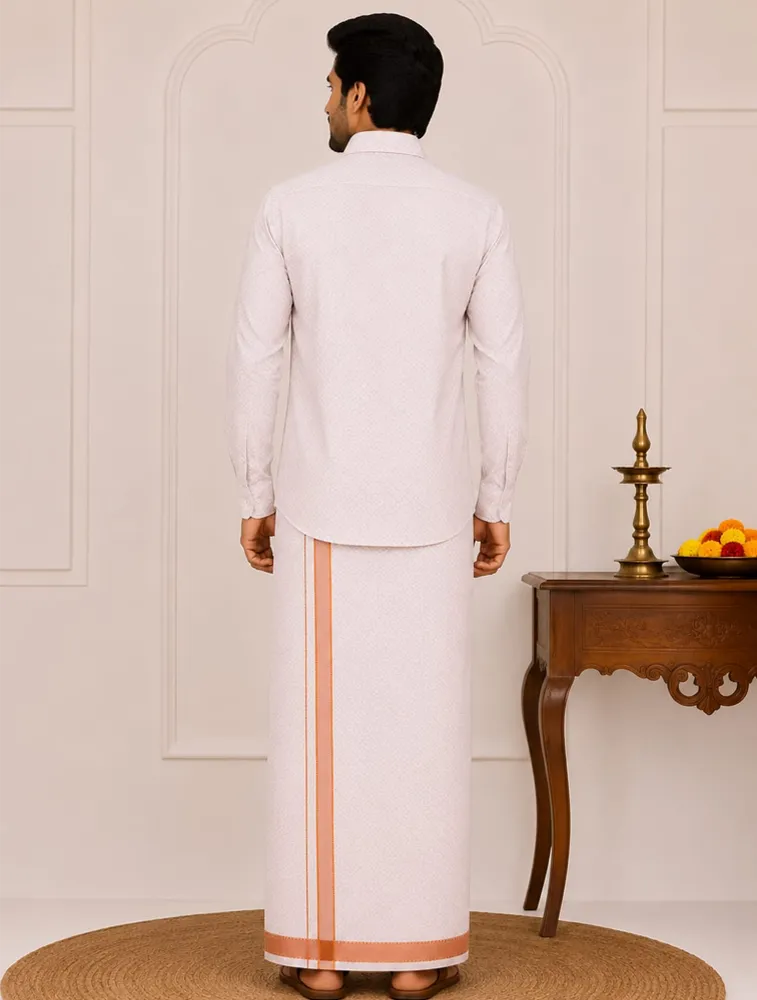 Copper Gold Mens Tissue Embossed Copper Shirt and Dhoti Set
