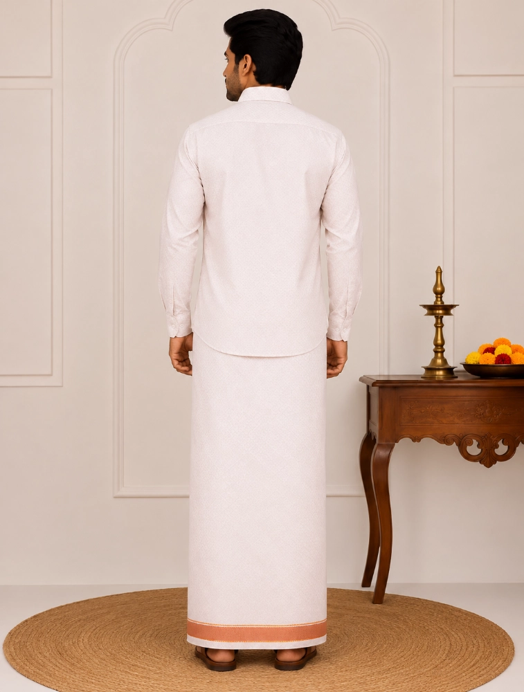 Copper Gold Mens Tissue Embossed Copper Shirt and Dhoti Set