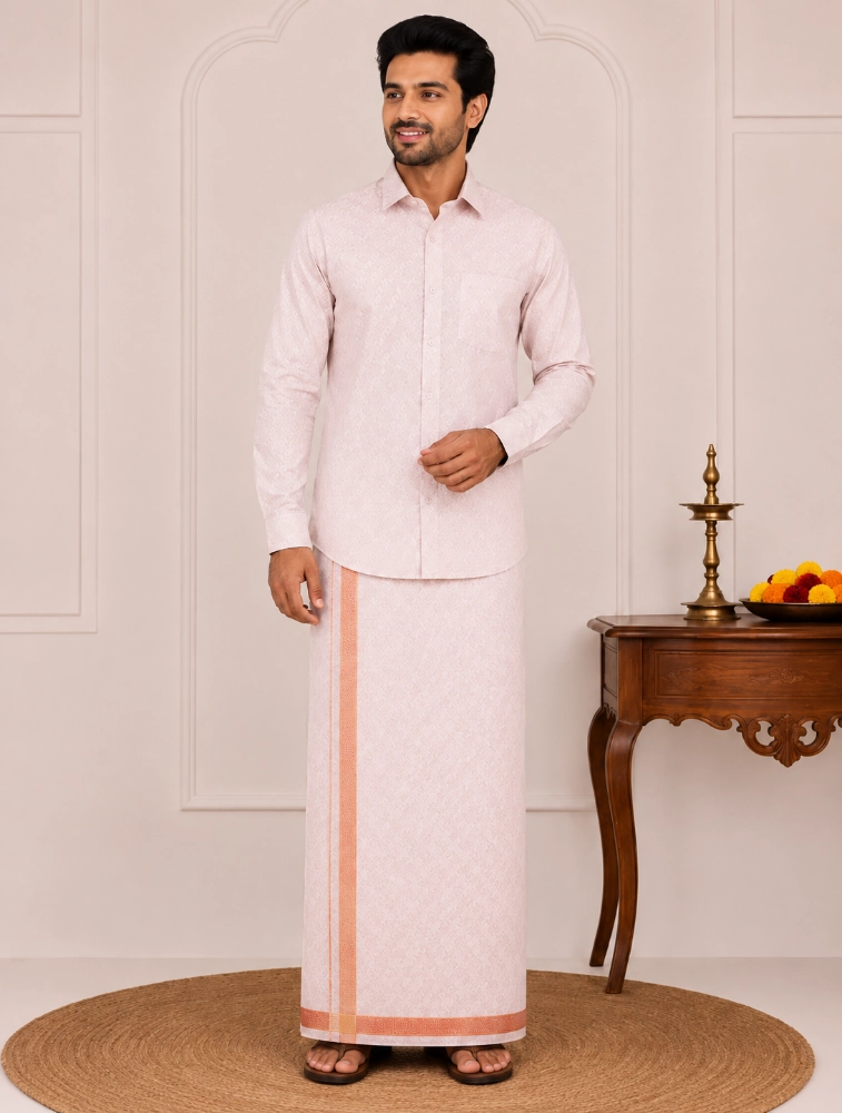 Copper Gold Mens Tissue Embossed Copper Shirt and Dhoti Set