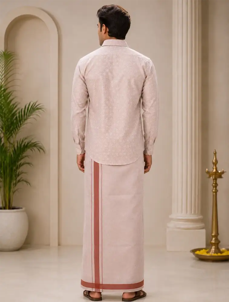  Copper Gold Mens Tissue Embossed Gold Shirt and Dhoti Set