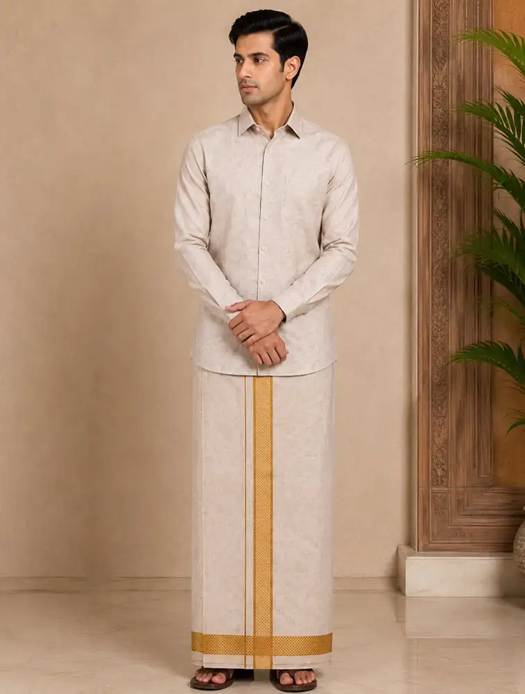 Copper Gold Mens Traditional Tissue Embossed Gold Shirt and Dhoti Set