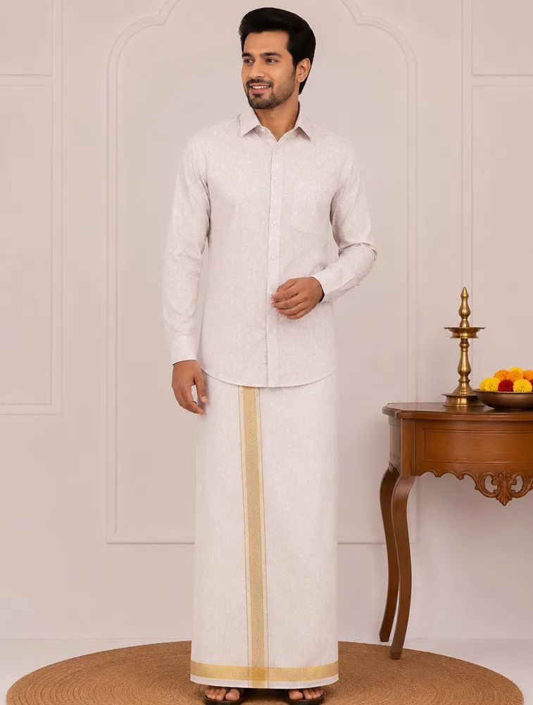 Copper Gold Mens Traditional Tissue Embossed Gold Shirt and Dhoti Set — bulk from ₹1113