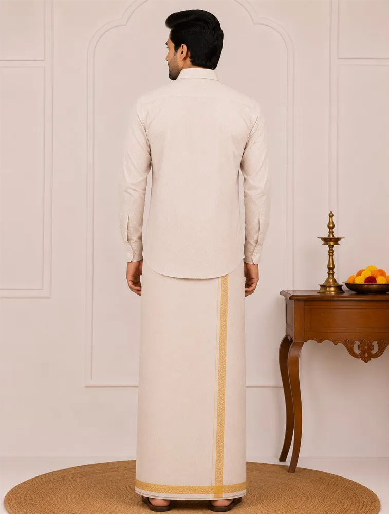Copper Gold Mens Traditional Tissue Embossed Gold Shirt and Dhoti Set — bulk from ₹1113