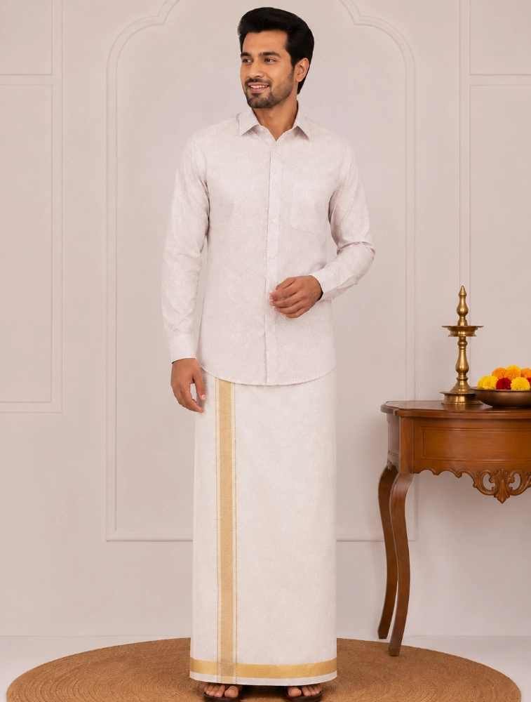 Copper Gold Mens Traditional Tissue Embossed Gold Shirt and Dhoti Set