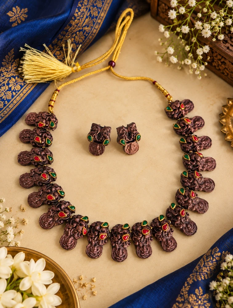 Copper Red and Green Mridvika Royal Terracotta Jewellery Set