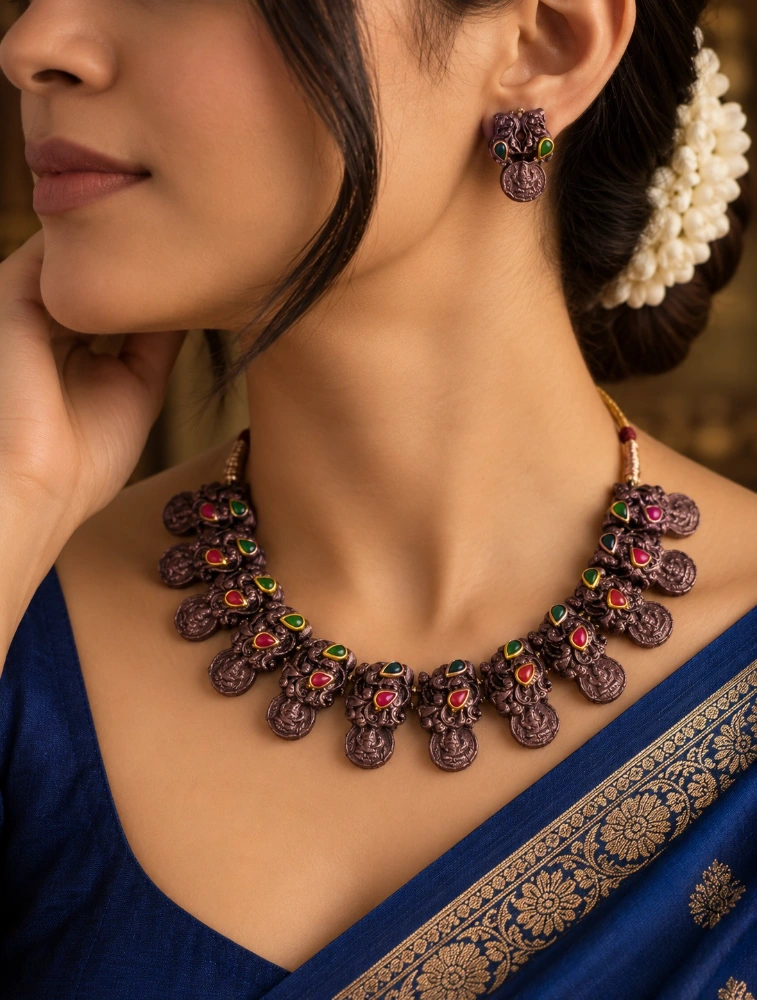 Copper Red and Green Mridvika Royal Terracotta Jewellery Set    