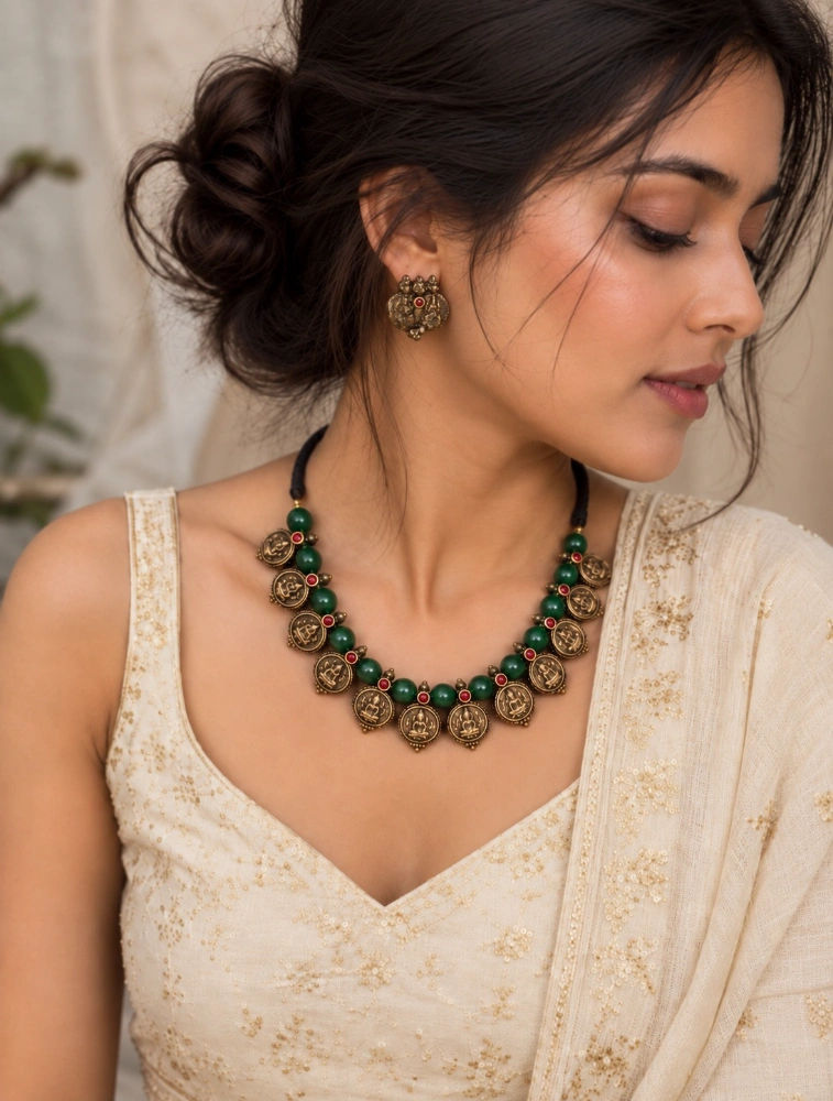 Copper and Green Bead Terracotta Jewellery Set