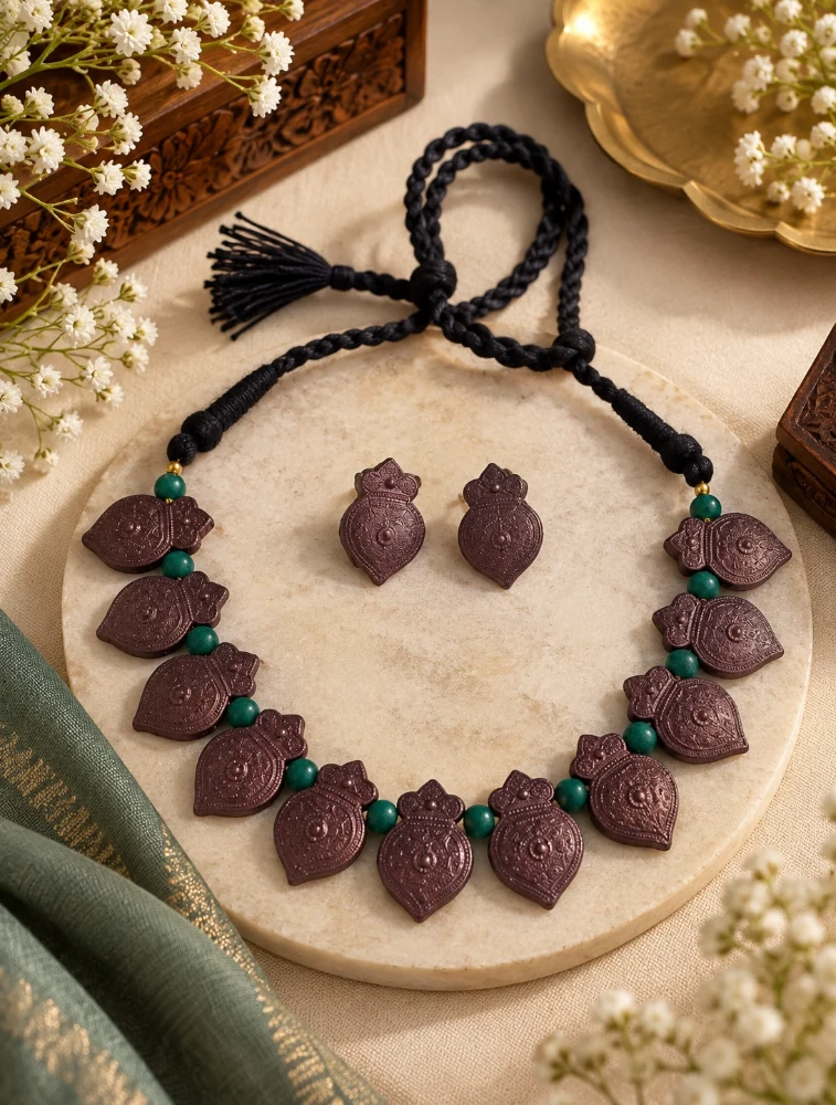 Copper and Green Bhoomi Neela Terracotta Jewellery Set     